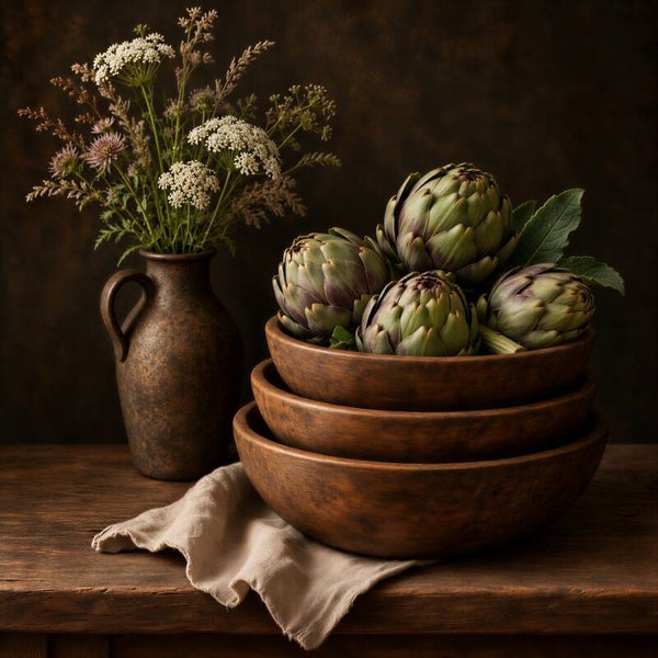 Landelijke Artisjokken – sfeervol schilderij keuken met houten schalen en bloemen