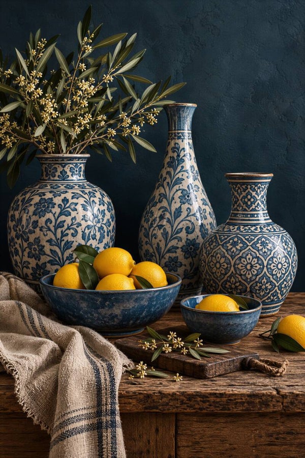 Landelijke Blauwe Vazen – landelijk keuken schilderij met citroenen en olijftakken