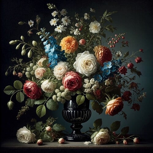 Barok bloemstilleven schilderij met kleurrijke bloemen in vaas