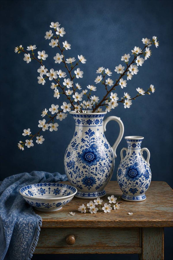 Landelijke Bloesempracht – Delfts blauwe vazen met witte bloesem
