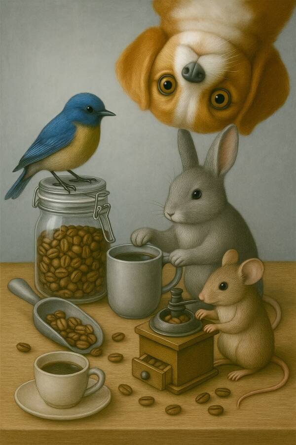 Ochtendritueel – schilderij koffiezetten met dieren