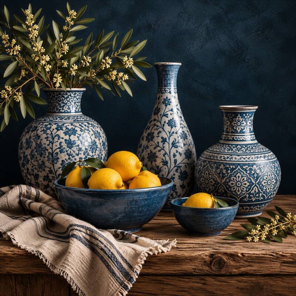 Landelijke Citroentafel – landelijk schilderij keuken met blauwe vazen en citroenen