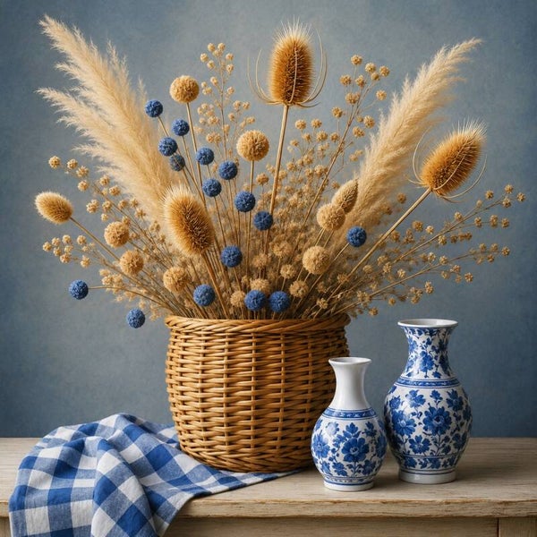 Landelijke Delftse Harmonie – droogbloemen en Delfts blauwe vazen