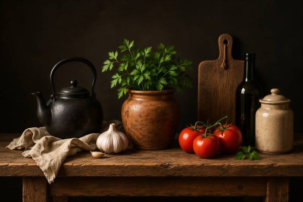Landelijke Keukentafel – keuken schilderij met kruiden, tomaten en knoflook