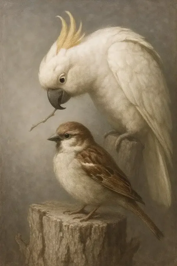 Beschermende Stilte – kaketoe en mus schilderij