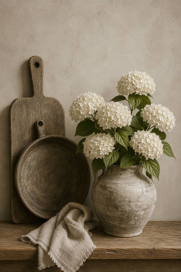 Landelijke Stilte – witte hortensia in kruik met snijplank en rustieke pan