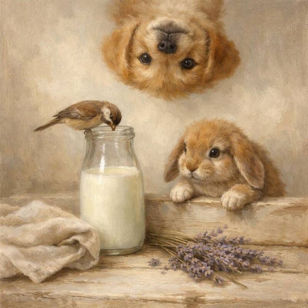 Lavendelmoment – schilderij konijn met vogel, melkfles en landelijke sfeer