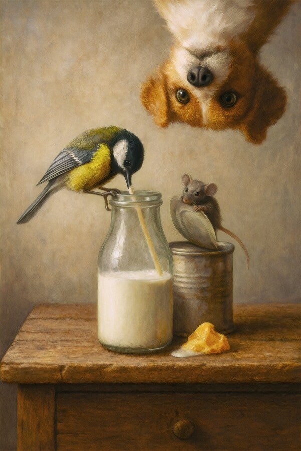 Ochtendgasten – schilderij kat en vogels rond melkfles in landelijke stijl