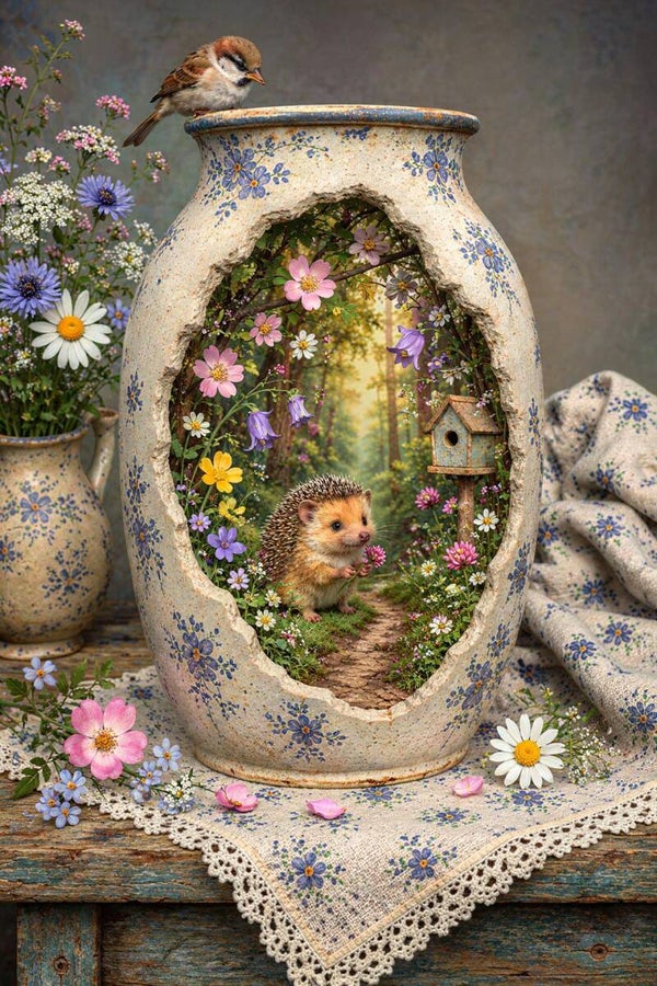 Pad naar het Vogelhuisje – landelijk schilderij met egel en mus