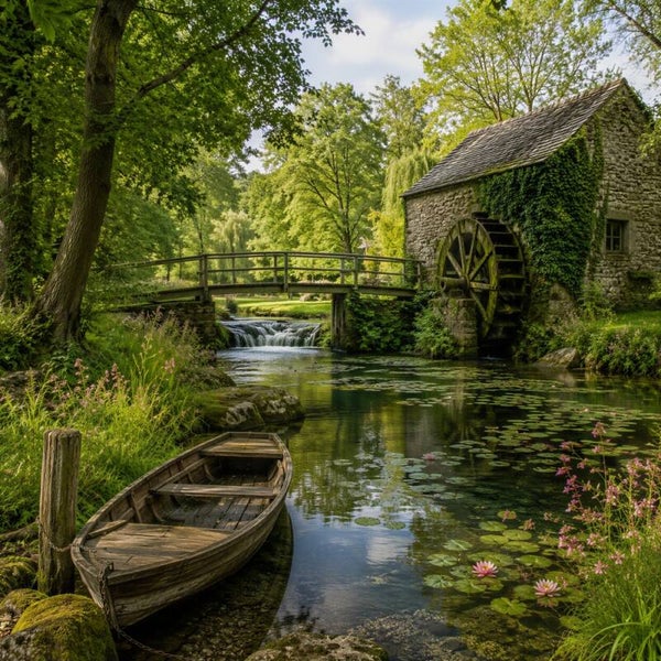 De Oude Watermolen – landschap met watermolen, roeiboot en beek