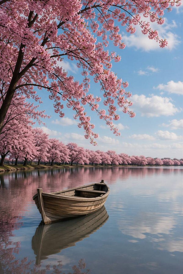 De Waterlelievijver – landschap met roeiboot en bloeiende waterlelies