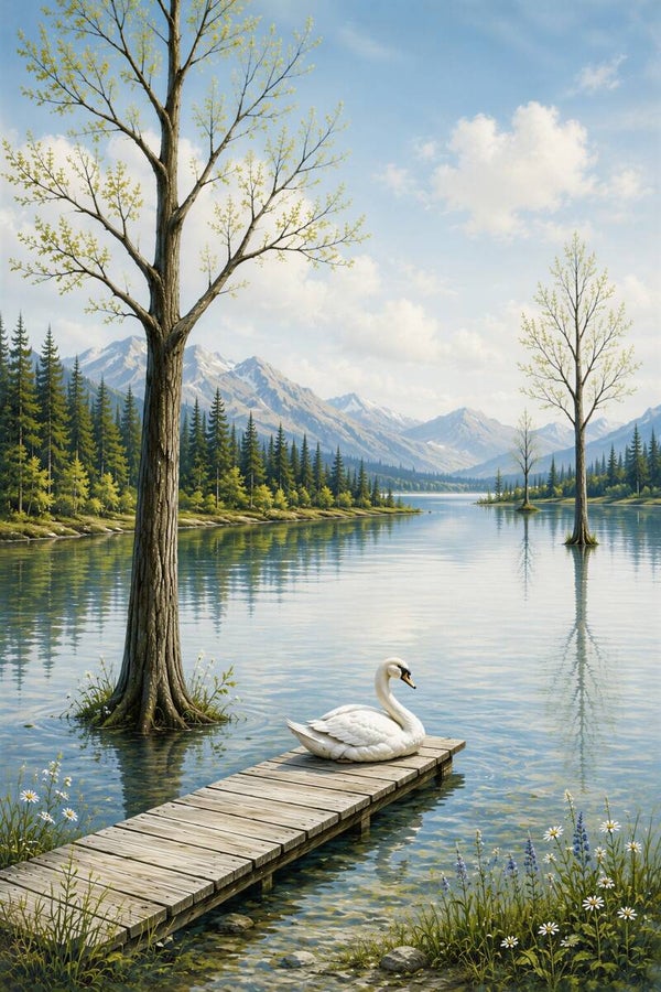 De Zwaan aan het Kristalmeer – landschap schilderij met witte zwaan, bergen en water