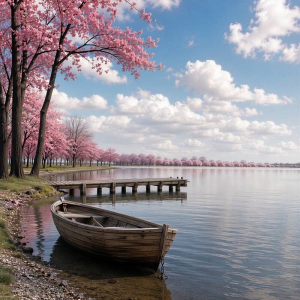 De Roze Bloesemhaven – landschap schilderij met houten boot en bloesembomen