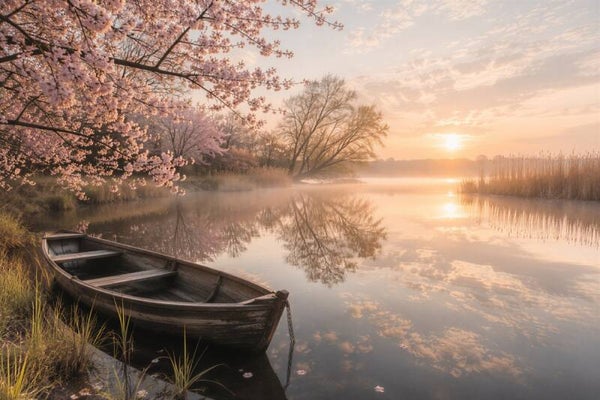 De Roze Ochtendstilte – landschap schilderij met houten roeiboot en bloesembomen