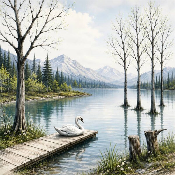 De Zwaan aan het Bergmeer – landschap schilderij met witte zwaan, bergen en meer