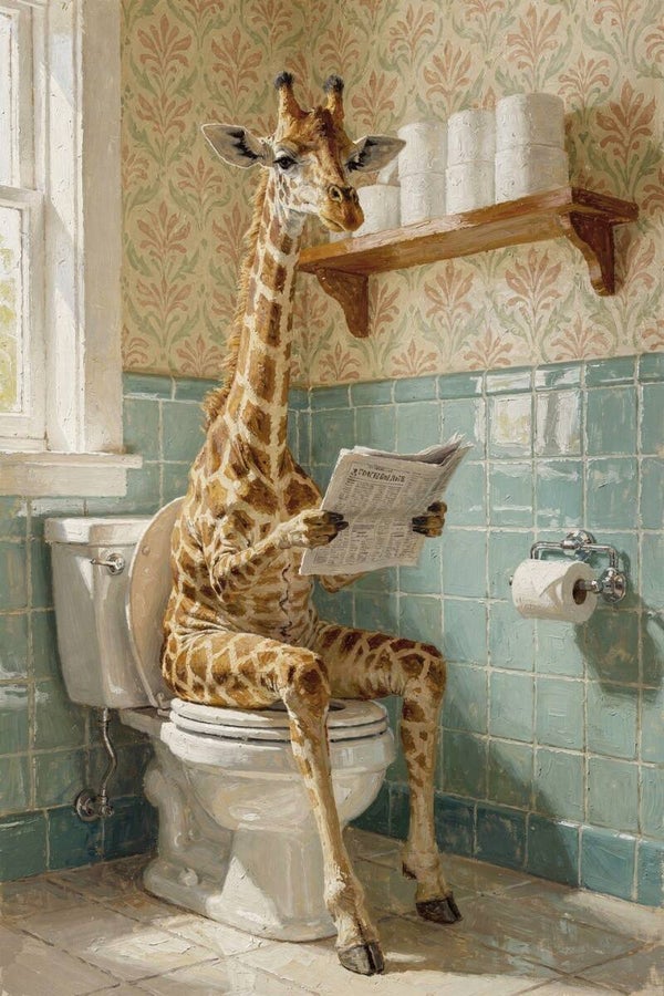 Langbenige Leestijd – schilderij met giraffe op toilet