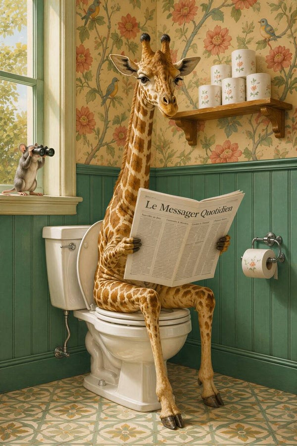 Langbenige Leestijd – giraffe schilderij op toilet met krant en muis met verrekijker