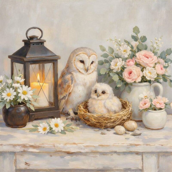 Lantaarnlicht en Liefde – schilderij met kerkuil en uilenjong