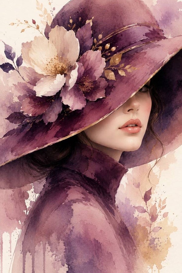 Lavendelcharme – vrouw schilderij met paarse hoed en bloemen