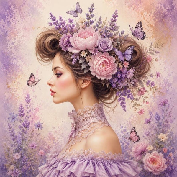 Lavendeldans – schilderij vrouw met bloemen en vlinders