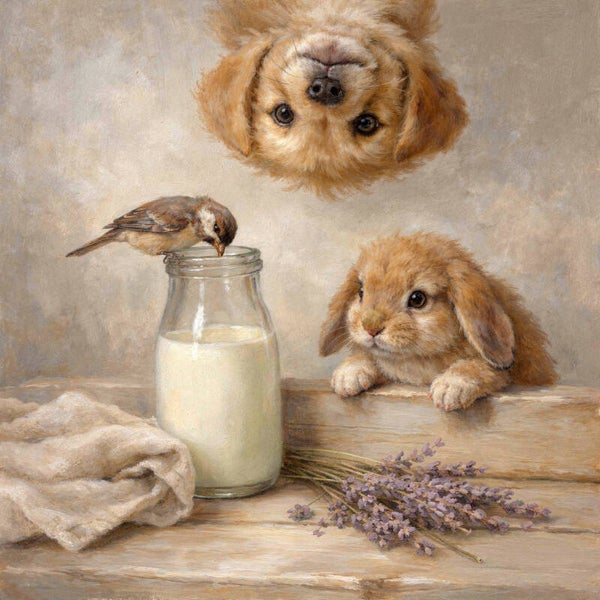 Lavendelmoment – schilderij met hond, konijn en mus bij melkfles