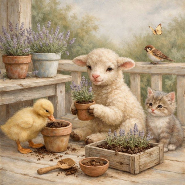 Lavendelvriendjes – schilderij met lammetje, kuiken en kitten