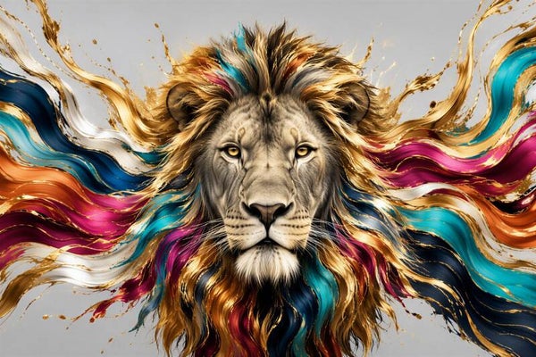 Koning in Kleur – leeuw schilderij met kleurrijke manen en goud
