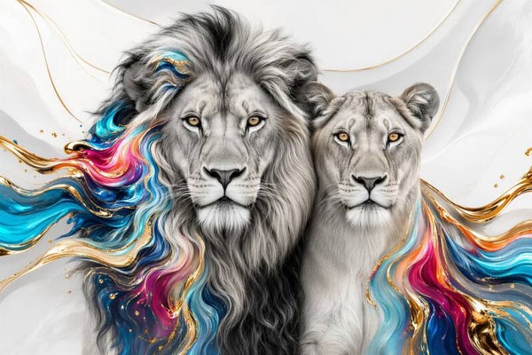 Samen Onbreekbaar – leeuw en leeuwin schilderij met kleur en goud