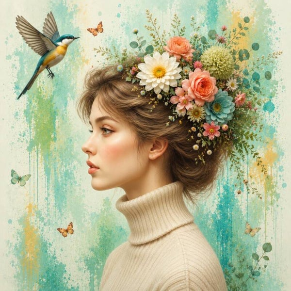 Lentemelodie – schilderij vrouw met bloemen en vogel