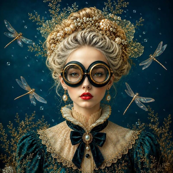 Libellenkoningin – vintage portret met libellen en gouden details