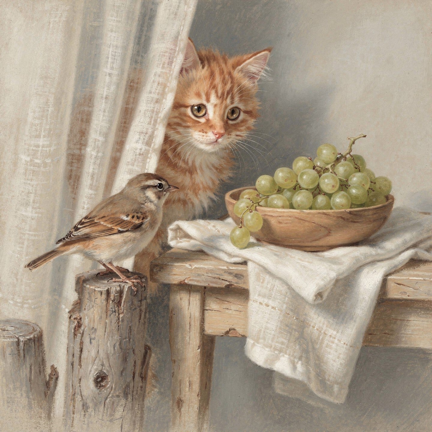 Licht aan de Tafel – schilderij met kat en vogel in warme landelijke setting