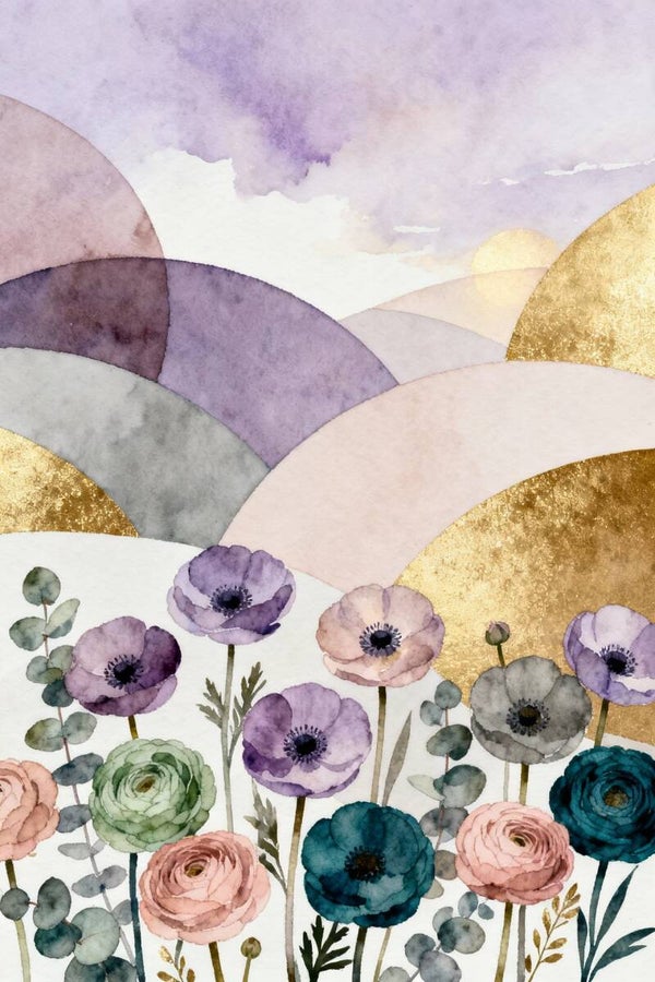 Lichtval – bloemen schilderij met lavendel en goud