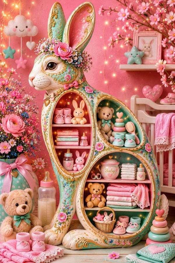 De Kleine Konijnendroom – Konijn Schilderij Babykamer Babykamerdecoratie Bloemen Roze