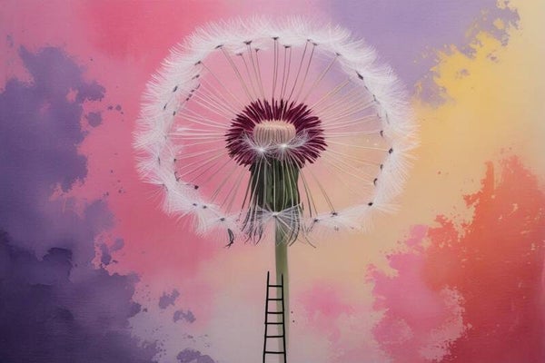 Lijnklimmer – abstract schilderij met pluisbloem en trap