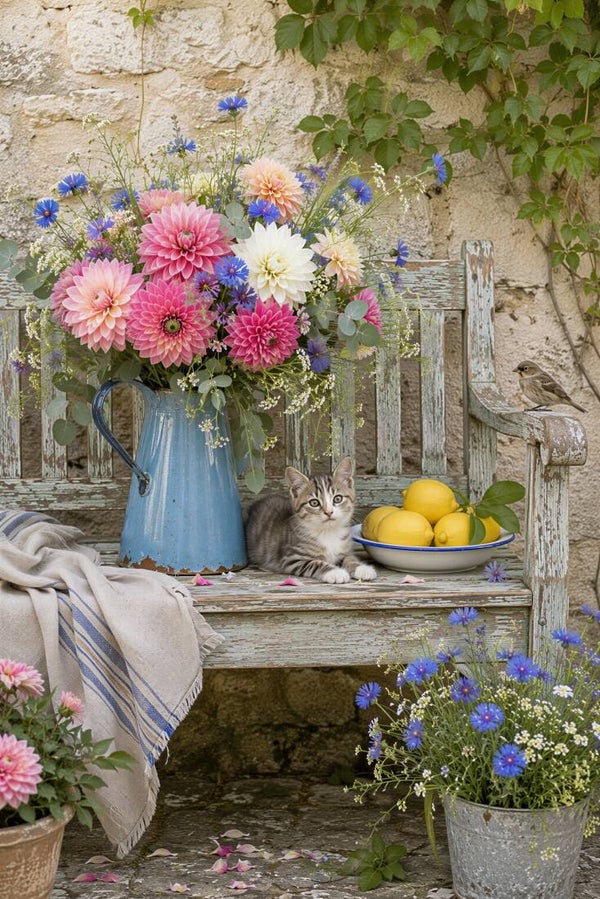 Limonade op het Bankje – kitten schilderij bloemen citroenen landelijk