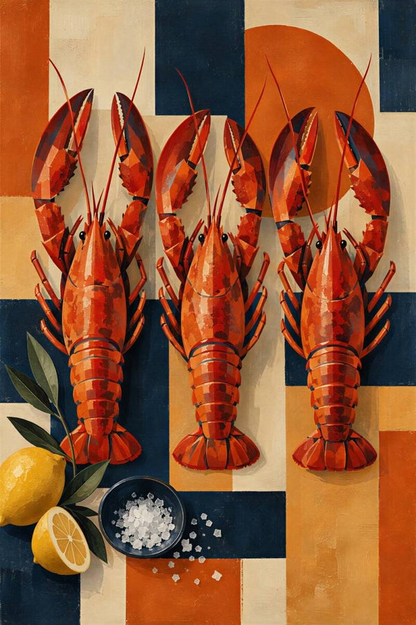 Lobster Trio – kleurrijk kreeft schilderij met citroen voor keuken en eetkamer