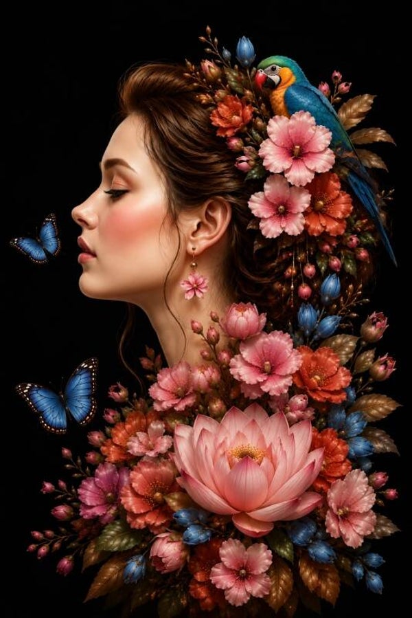 Lotusvlucht – portret schilderij met papegaai en bloemen