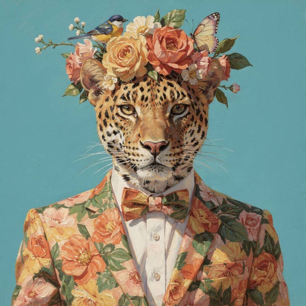 Floral Majesty – luipaard schilderij in bloemenpak met vlinder en vogel