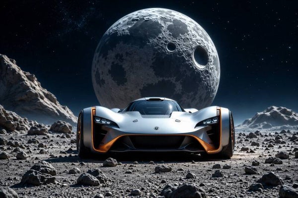 Lunar Velocity – futuristische sportauto op maanlandschap schilderij