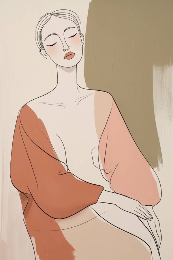 Lunara – abstract lijnportret vrouw in warme tinten met losse penseelstijl