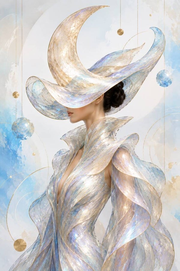Lunaria Celeste – Luxe schilderij met maanhoed en iriserende details