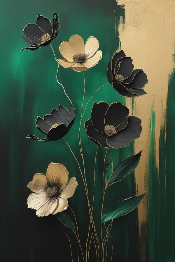 Emerald Luxe Bloom – bloemen schilderij in groen, goud en zwart