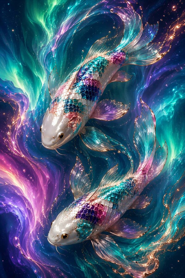 Noorderlicht Koi – koi vissen schilderij in turquoise, paars en goud