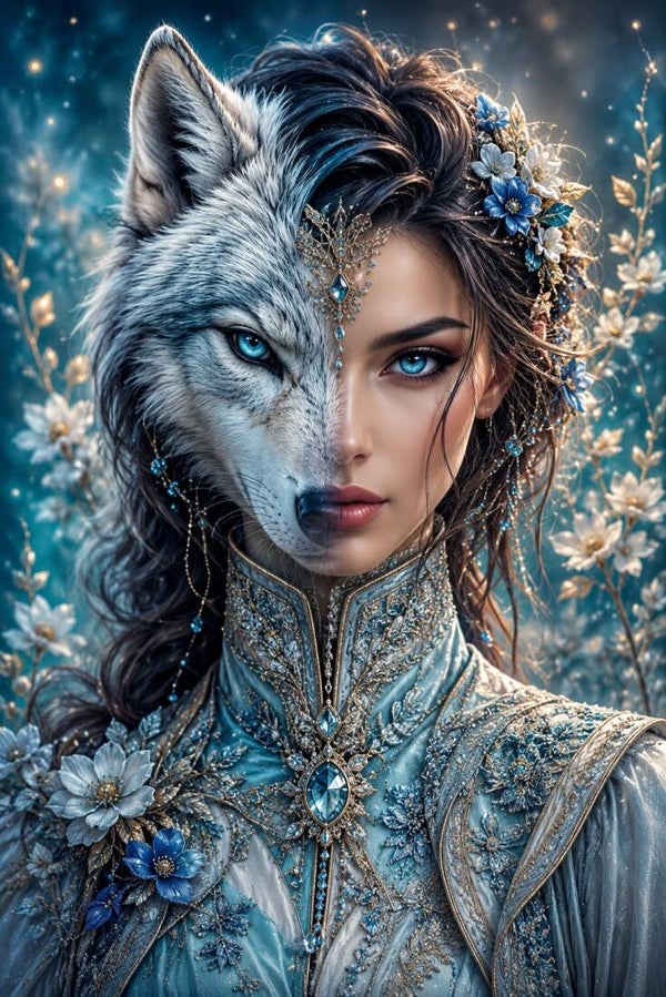 Wolvenziel – vrouw schilderij met wolf en blauwe ogen