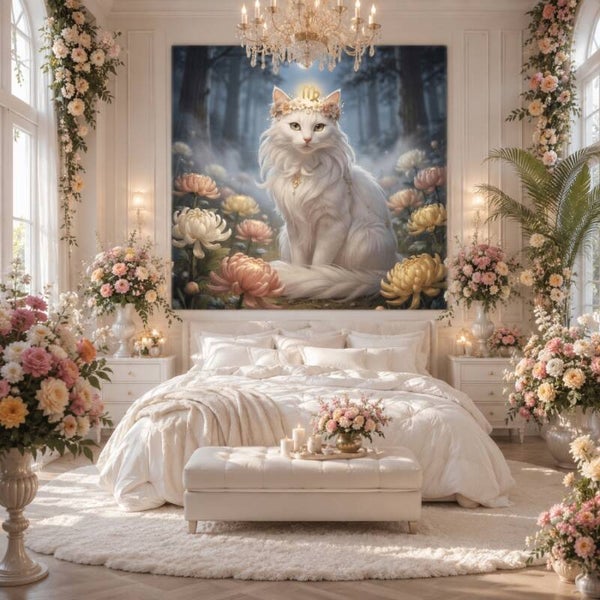 Maanbloei – sterrenbeeld Maagd schilderij met witte kat en chrysanten