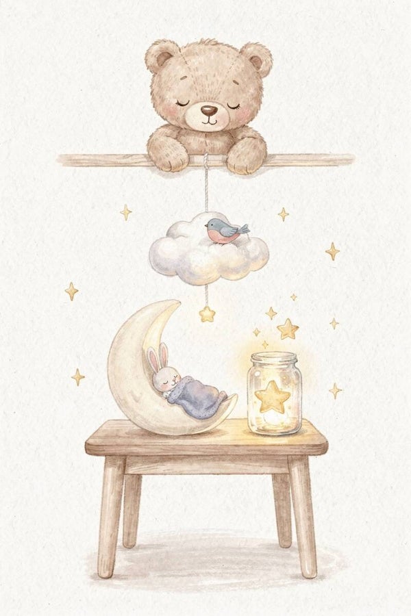 Dromende beer – slapend konijntje op maan schilderij kinderkamer