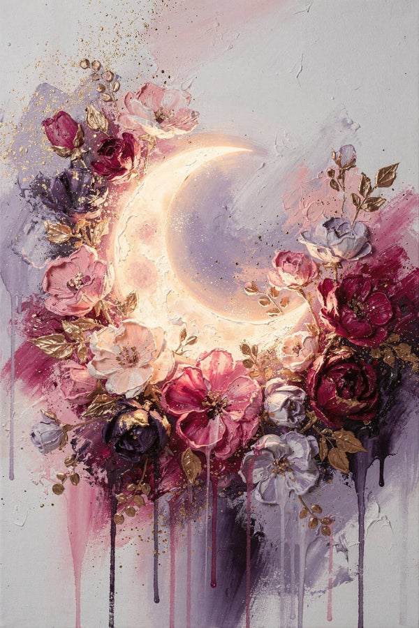 Moonlight Bloom – maan schilderij meidenkamer tienerkamer bloemen