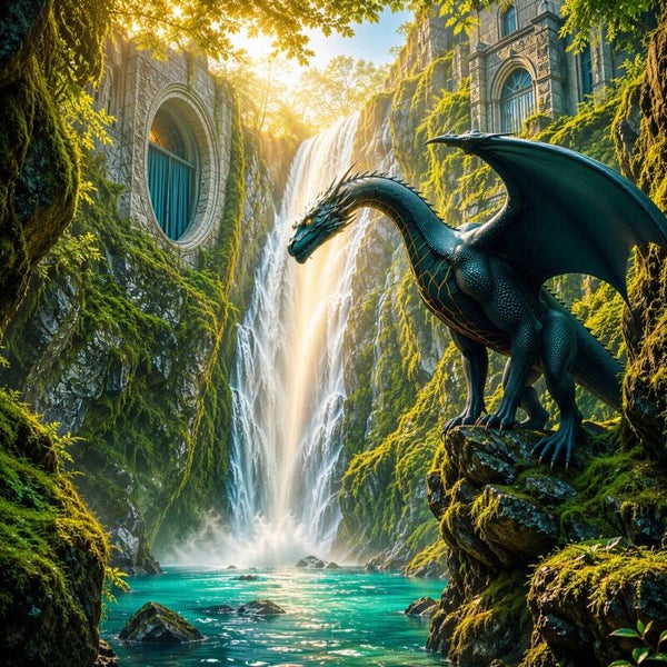 Wachter van de Waterval – draak schilderij met turquoise bergmeer