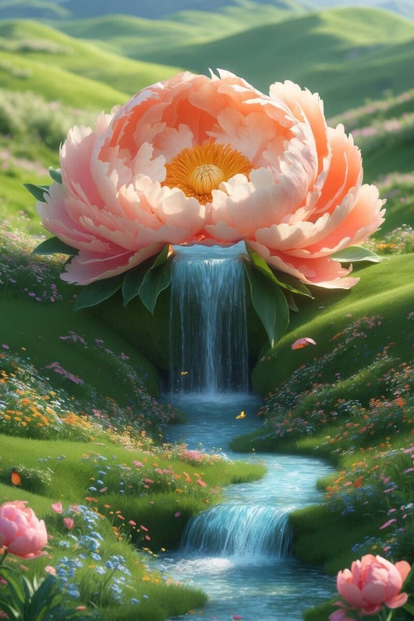 Bloemvallei van Licht – magisch landschap schilderij met waterval en pioenroos