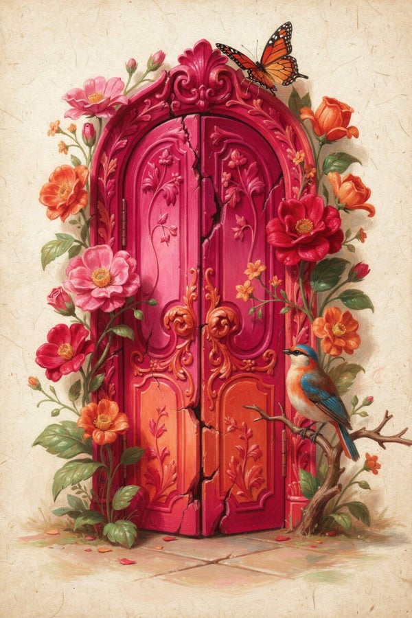 Verborgen Bloei – schilderij magische deur met bloemen, vogel en vlinders